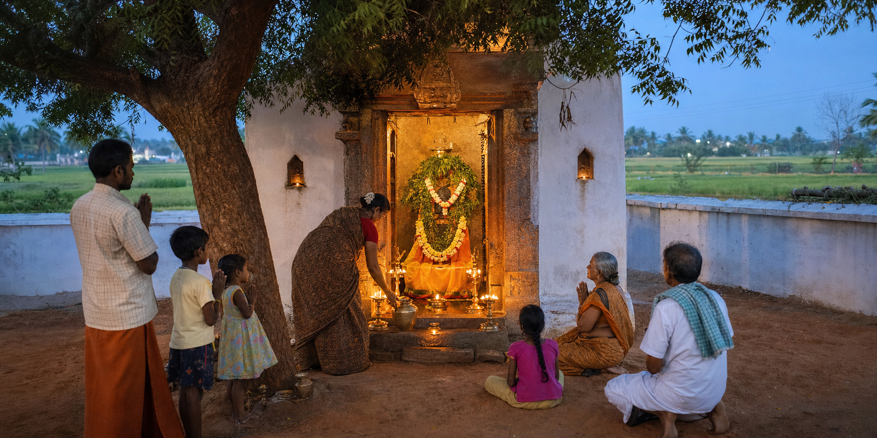 Worshippers gather at dawn around a flower-adorned Amman shrine in a Tamil village temple courtyard beside a neem tree.