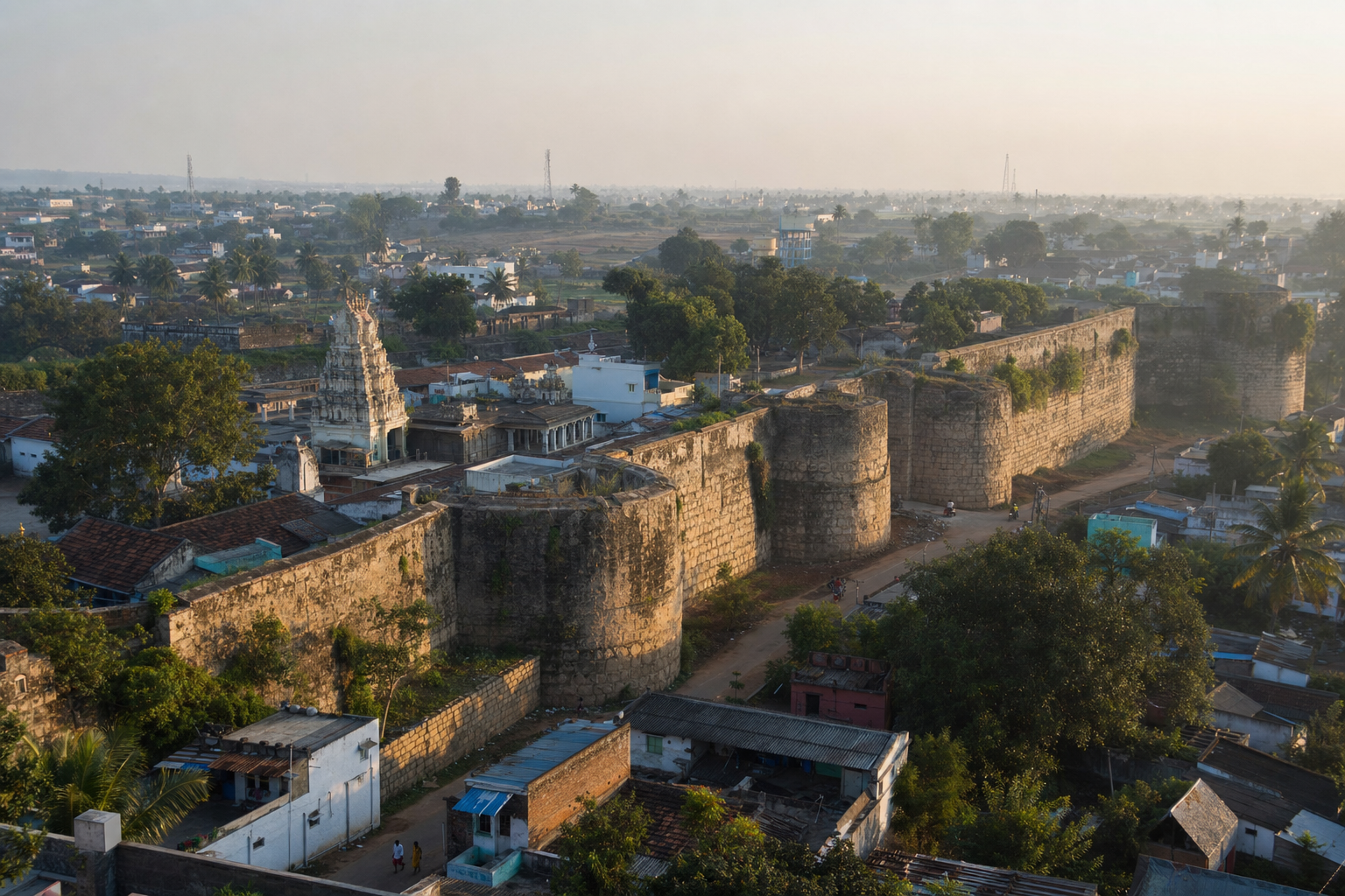 Devanahalli Fort's stone ramparts, bastions, temple tower and surrounding town seen in warm morning light.