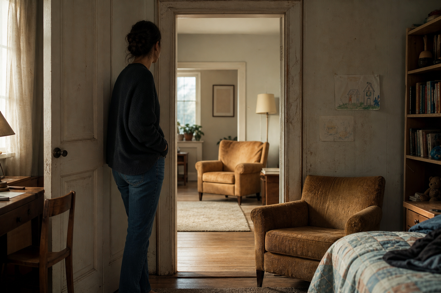 An adult stands between two rooms containing similar worn armchairs, with the older room in shadow and the contemporary room warmly lit.