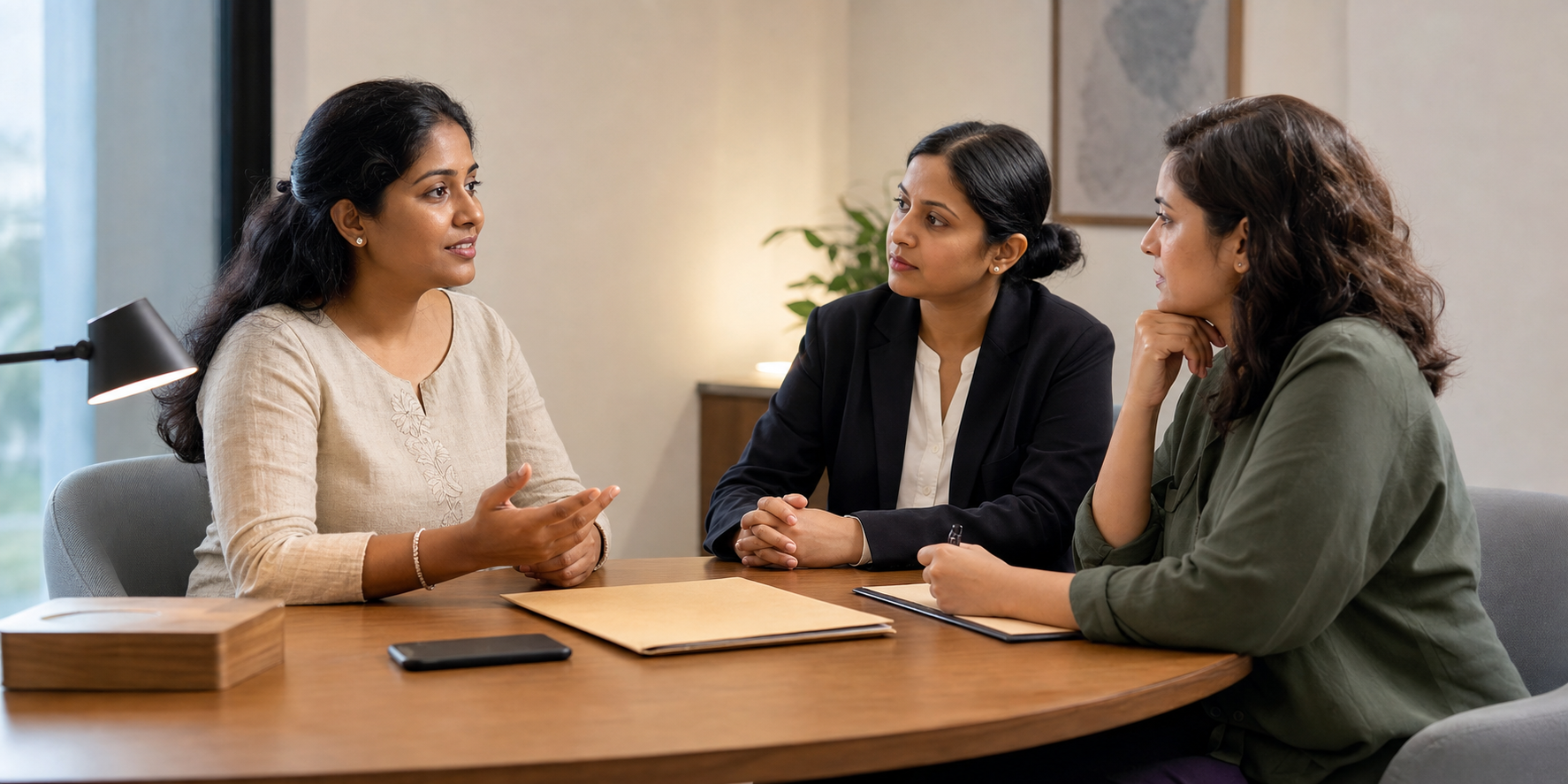 A woman speaks privately with a legal-aid professional and counselor beside a phone and document folder.