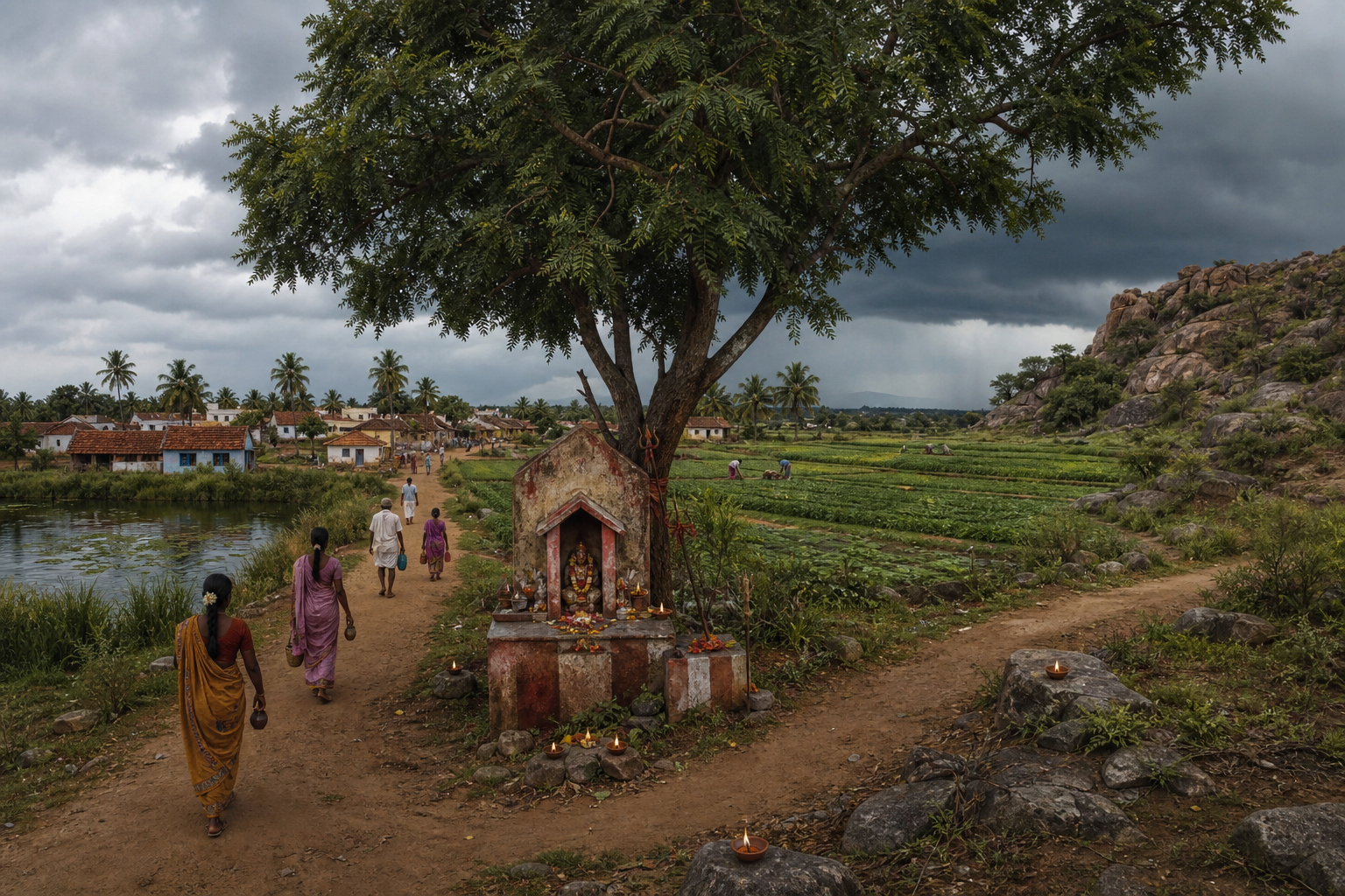 A small goddess shrine beneath a neem tree marks the boundary between a Tamil village, fields, a pond and rocky land.