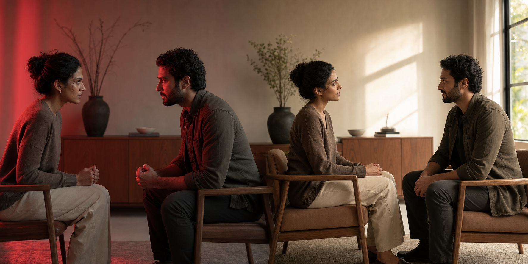 The same two adults appear tense under red light on one side and sit together with relaxed, open posture in daylight on the other.