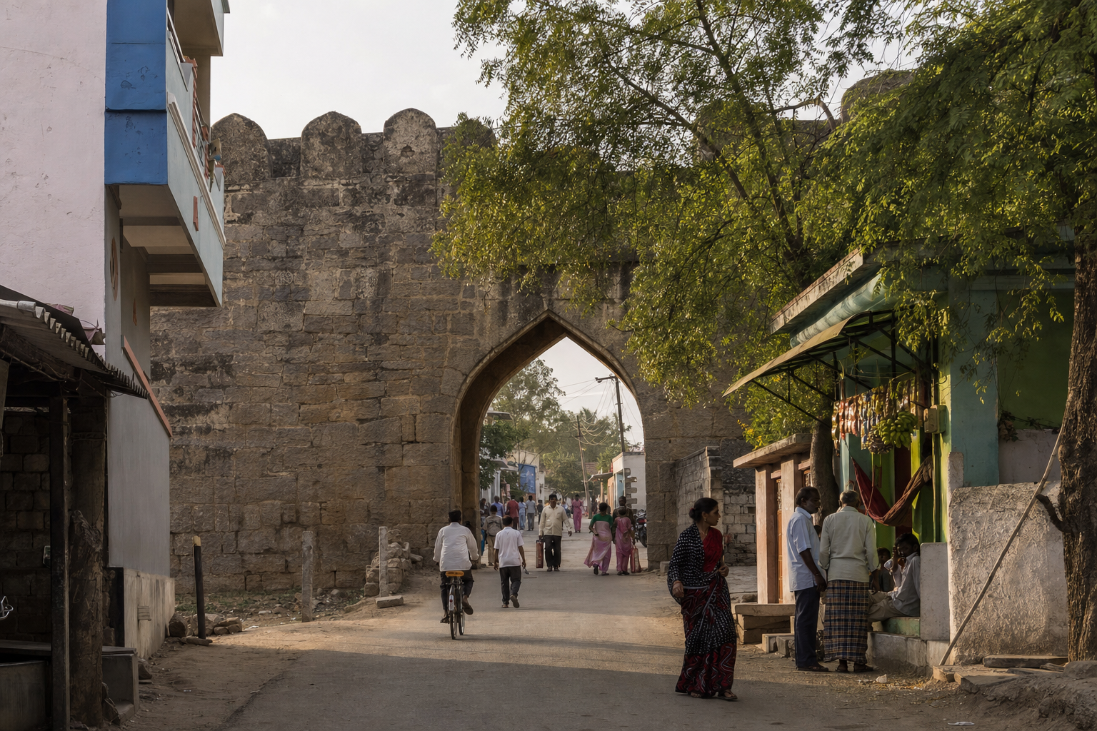 Residents and cyclists use a street leading through a stone gateway in Devanahalli Fort.