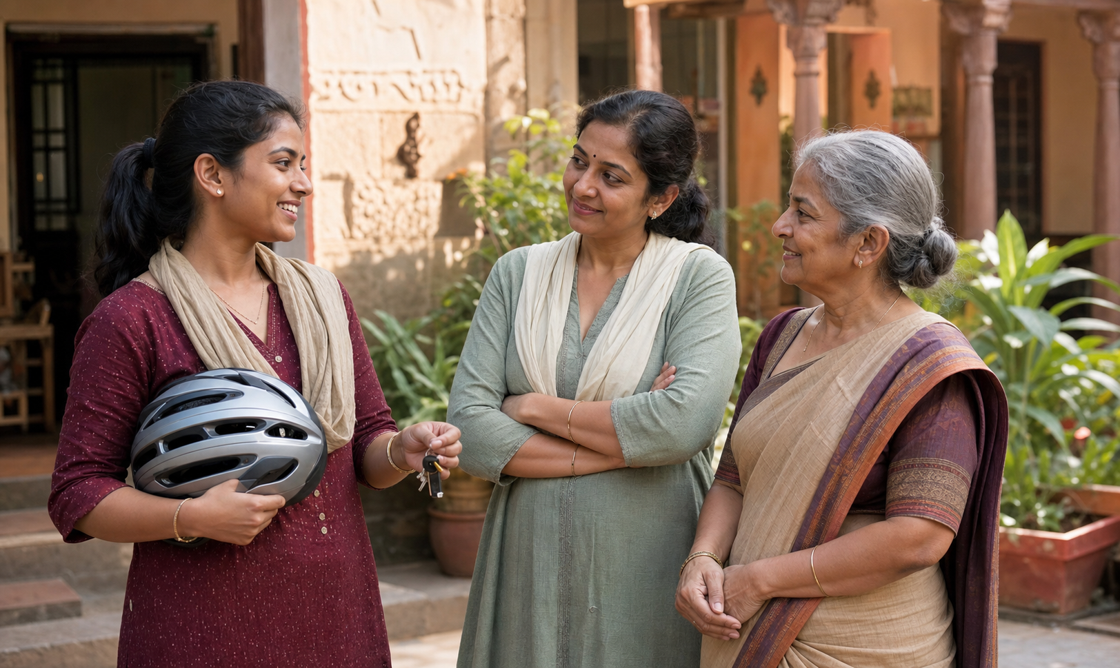 Three generations of women stand together in a courtyard, with one holding a bicycle helmet and keys.