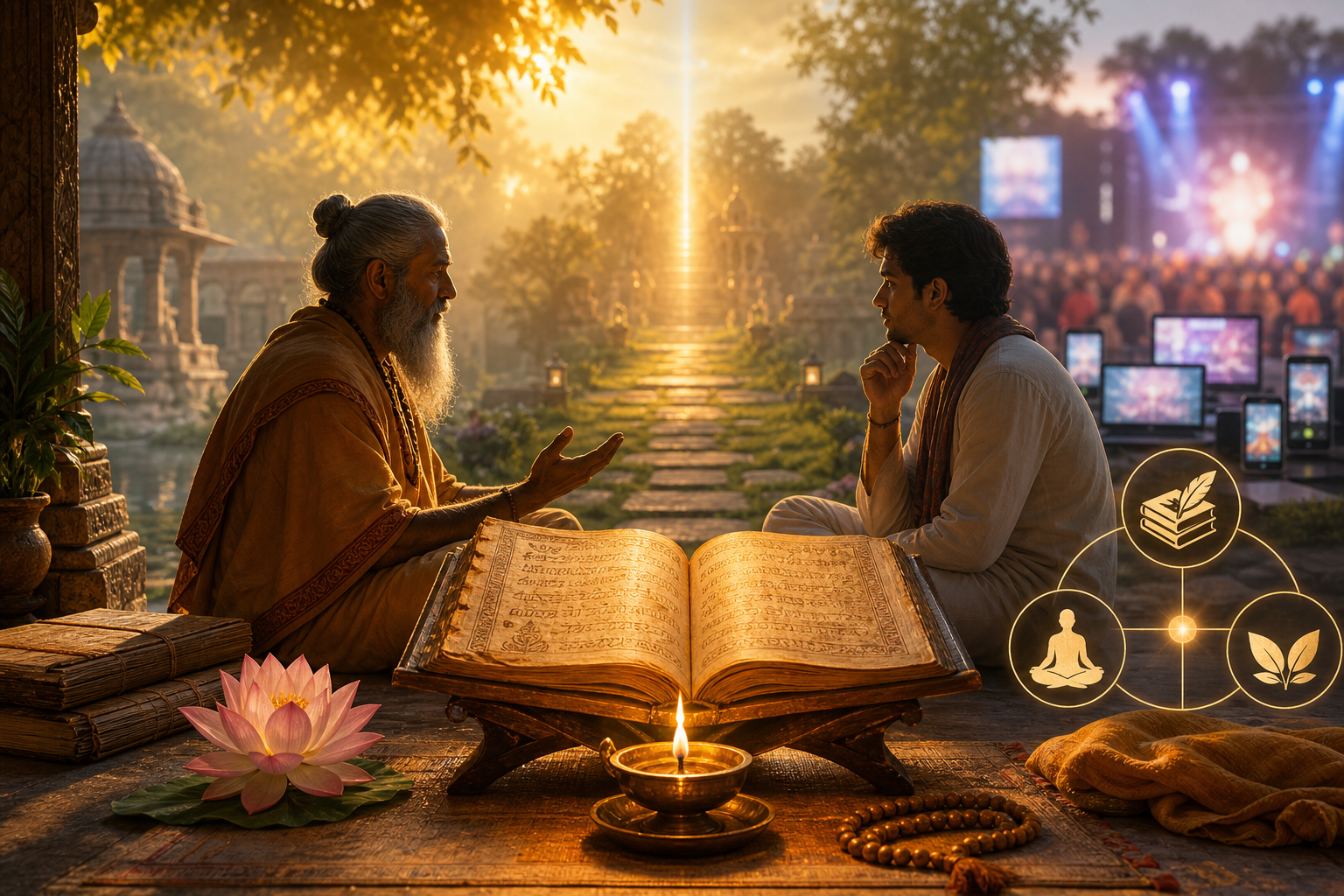 Open scripture illuminated by an oil lamp as a spiritual guide and seeker discuss sacred wisdom in a temple courtyard.