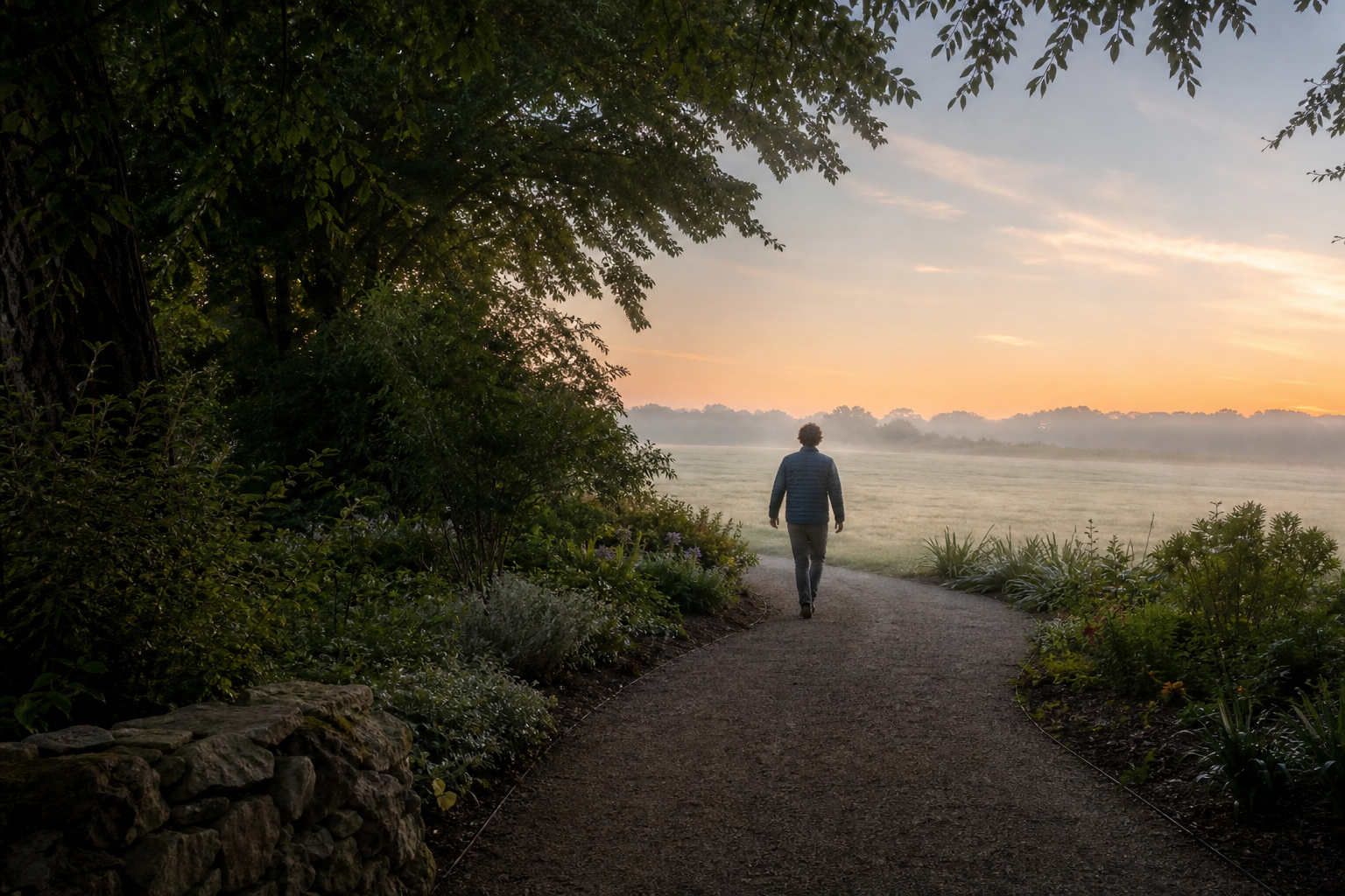 A solitary adult walks along a curving path from a shadowed garden into a softly lit open field at dawn.