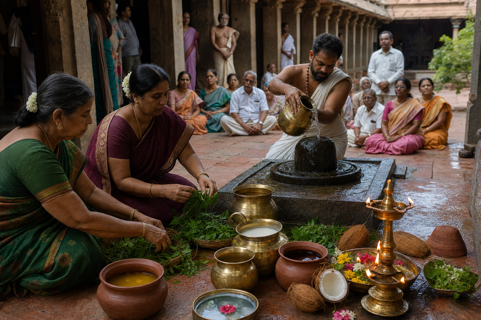 Devotees arrange water vessels, neem leaves, flowers and lamps as cool water is poured over a sacred stone in a temple courtyard.