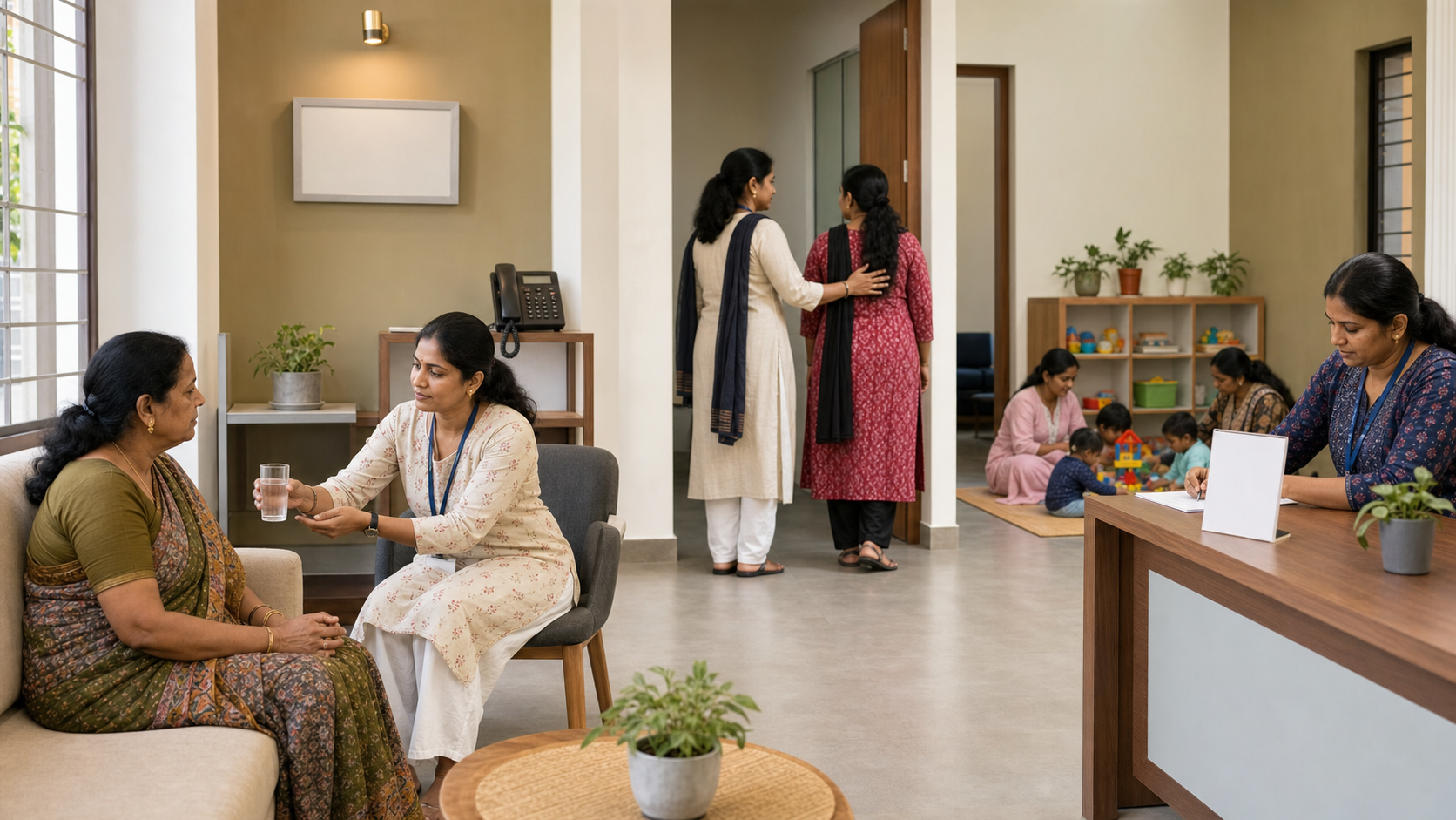 Women volunteers assist visitors at a community resource center with counseling, childcare, and telephone support.