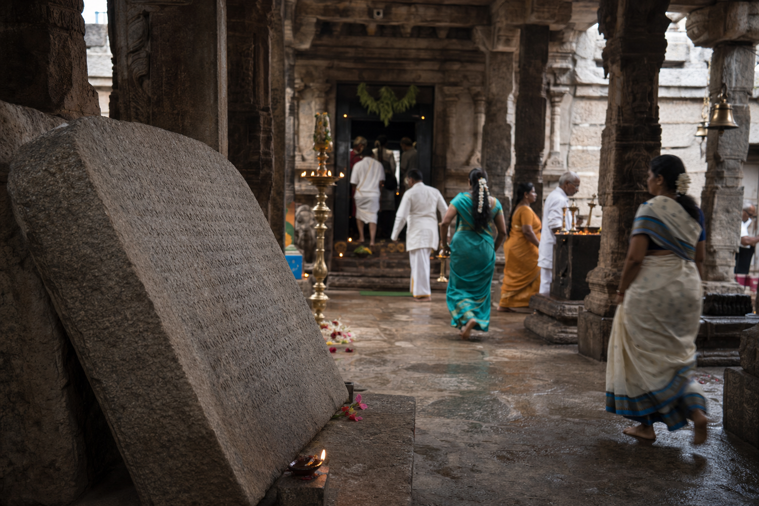 An old inscribed stone slab stands near carved pillars, lamps, offerings and devotees in an active temple courtyard within the fort.