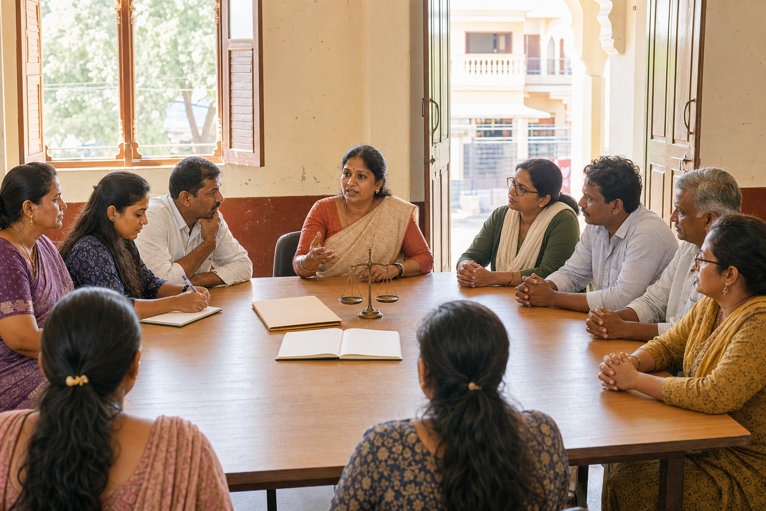 Community members listen to a woman at a roundtable with an evidence folder, balance scale, and notebook.