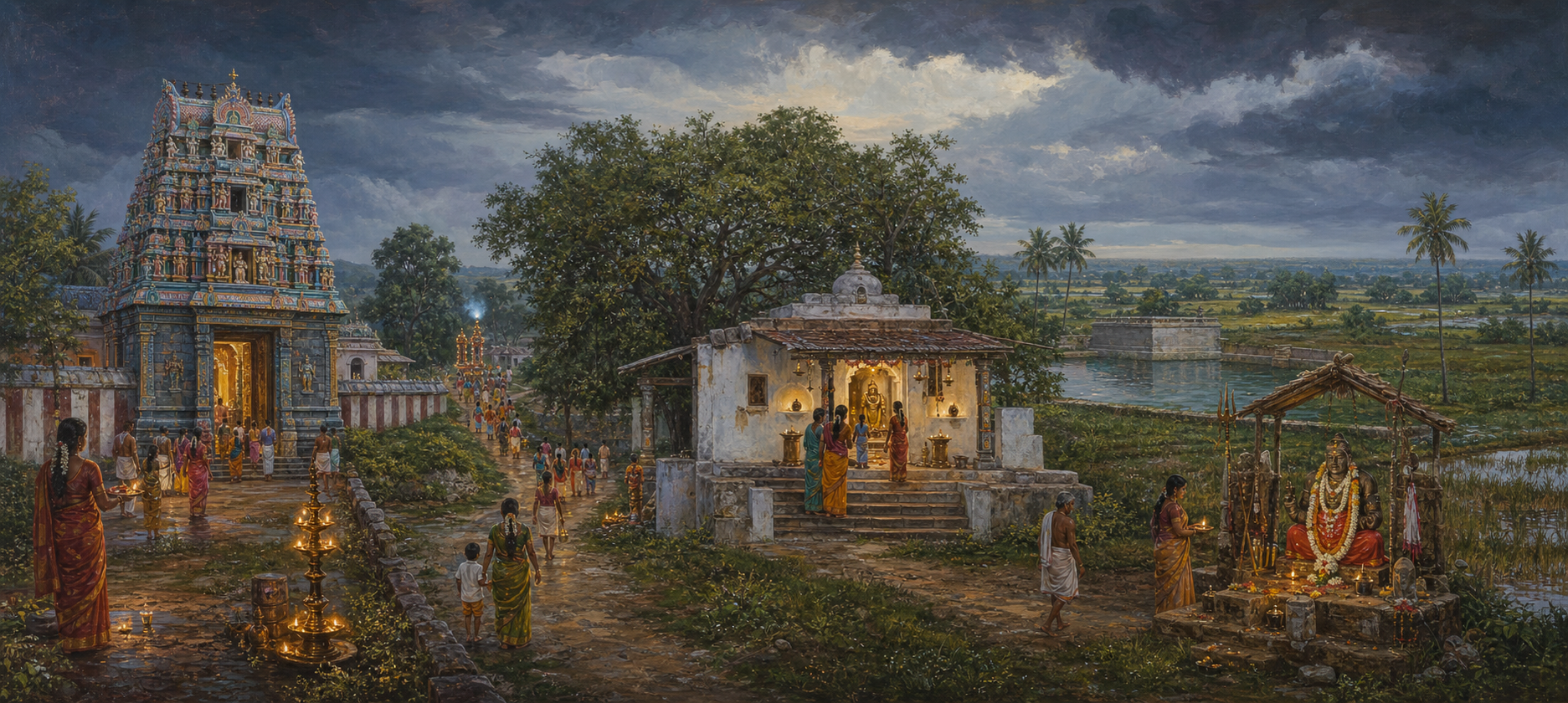 A continuous Tamil landscape connects a town temple, a village shrine and a field-side guardian shrine through paths, worshippers and shared lamplight.