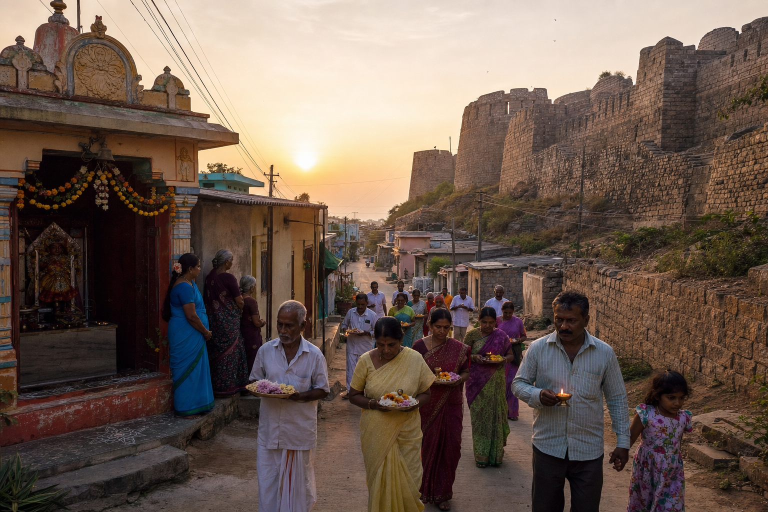 A small dawn procession with flowers and oil lamps follows a residential lane beside the fort wall and a neighborhood shrine.