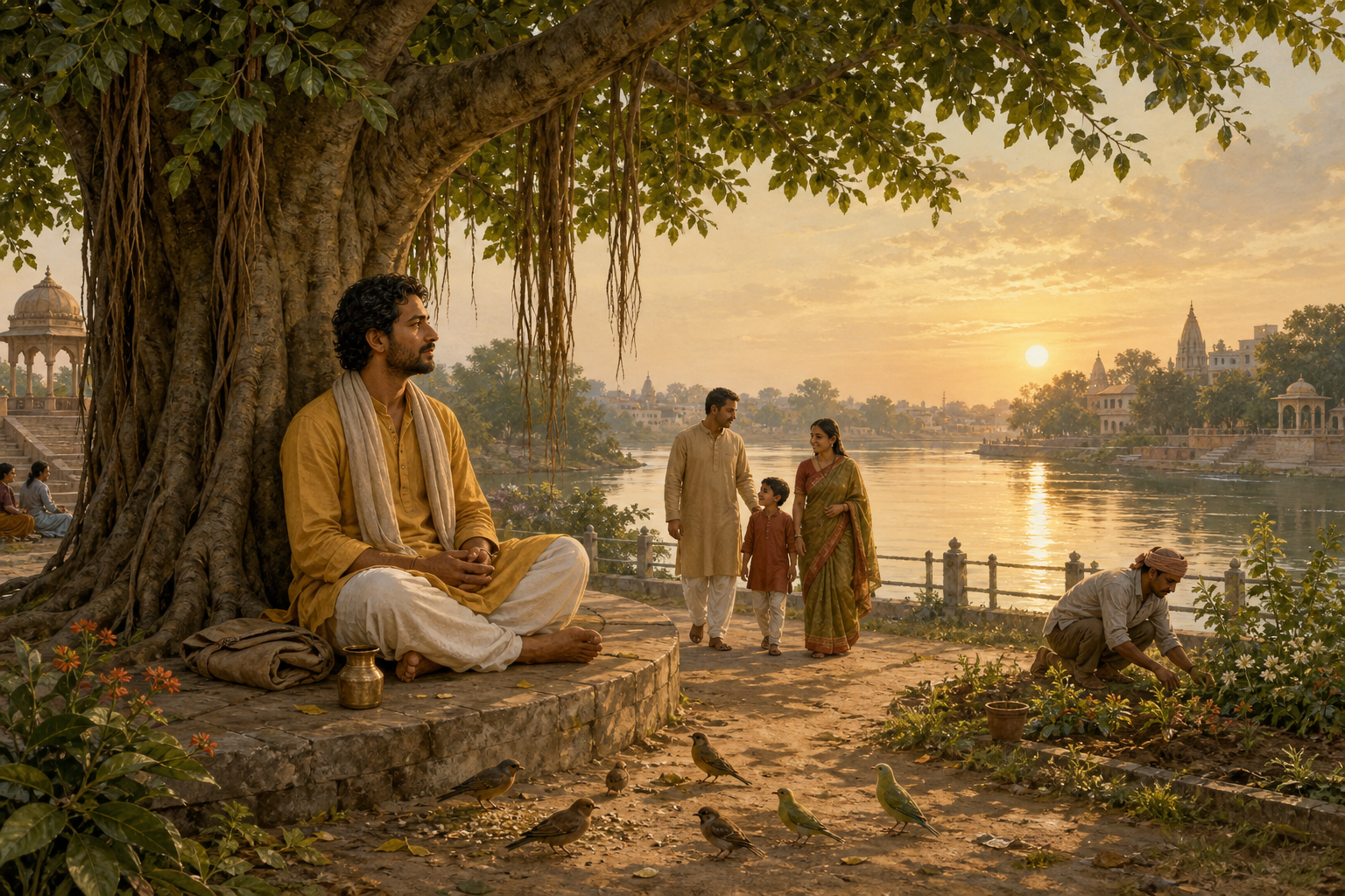 A calm South Asian seeker sits beneath a banyan tree at dawn as people, birds and everyday activity continue beside a river.
