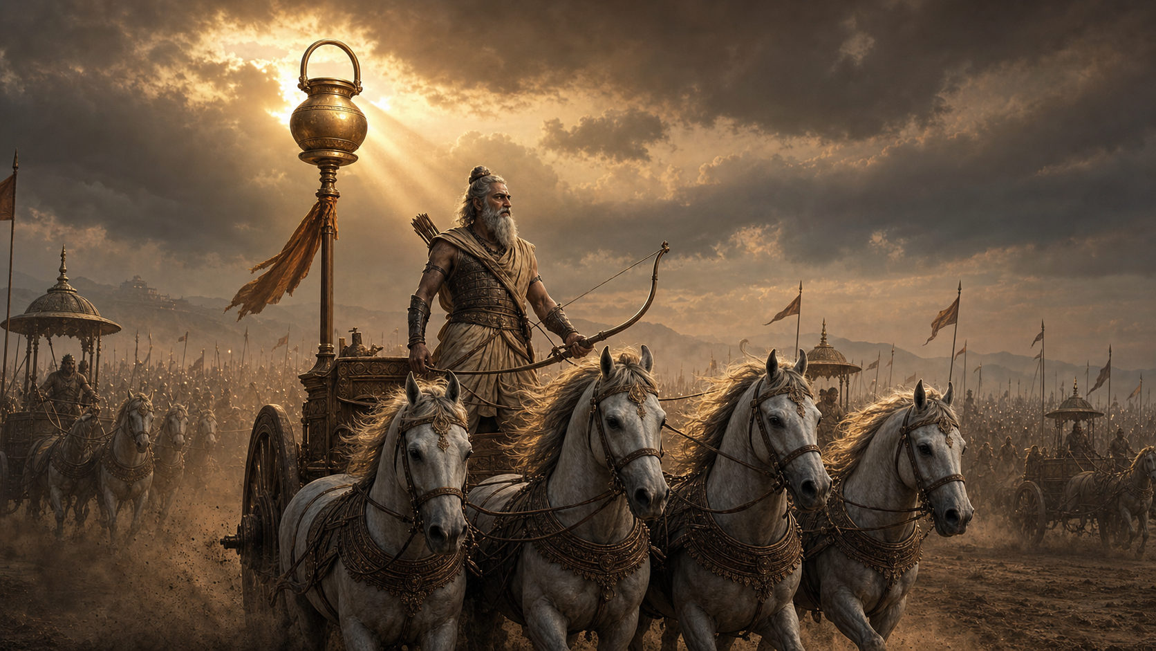 Drona stands with a bow in a horse-drawn war chariot beneath a standard bearing a kamandalu vessel emblem.