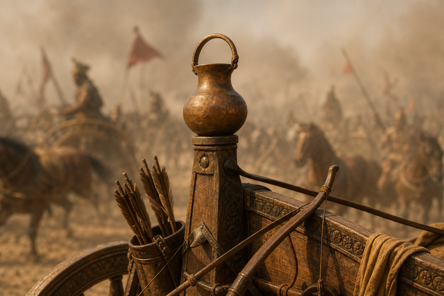 A copper kamandalu emblem sits atop a chariot standard above a bow, quiver, reins, and dusty battlefield.