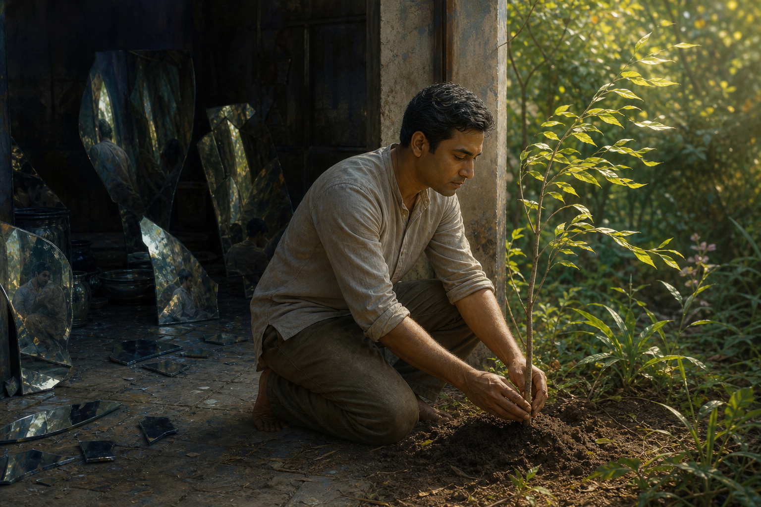 A plainly dressed South Asian adult leaves a shadowed courtyard with distorted reflections and tends a sapling in a sunlit garden.