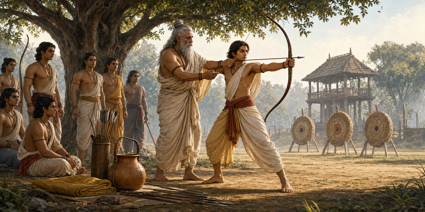 Drona instructs young warriors in archery while a kamandalu and training weapons rest beside him.