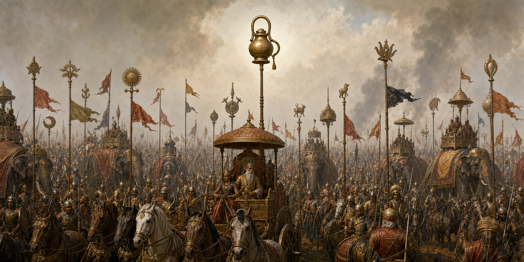 Rows of ancient Indian troops and chariots carry varied standards, with a kamandalu emblem visible above Drona's central chariot.