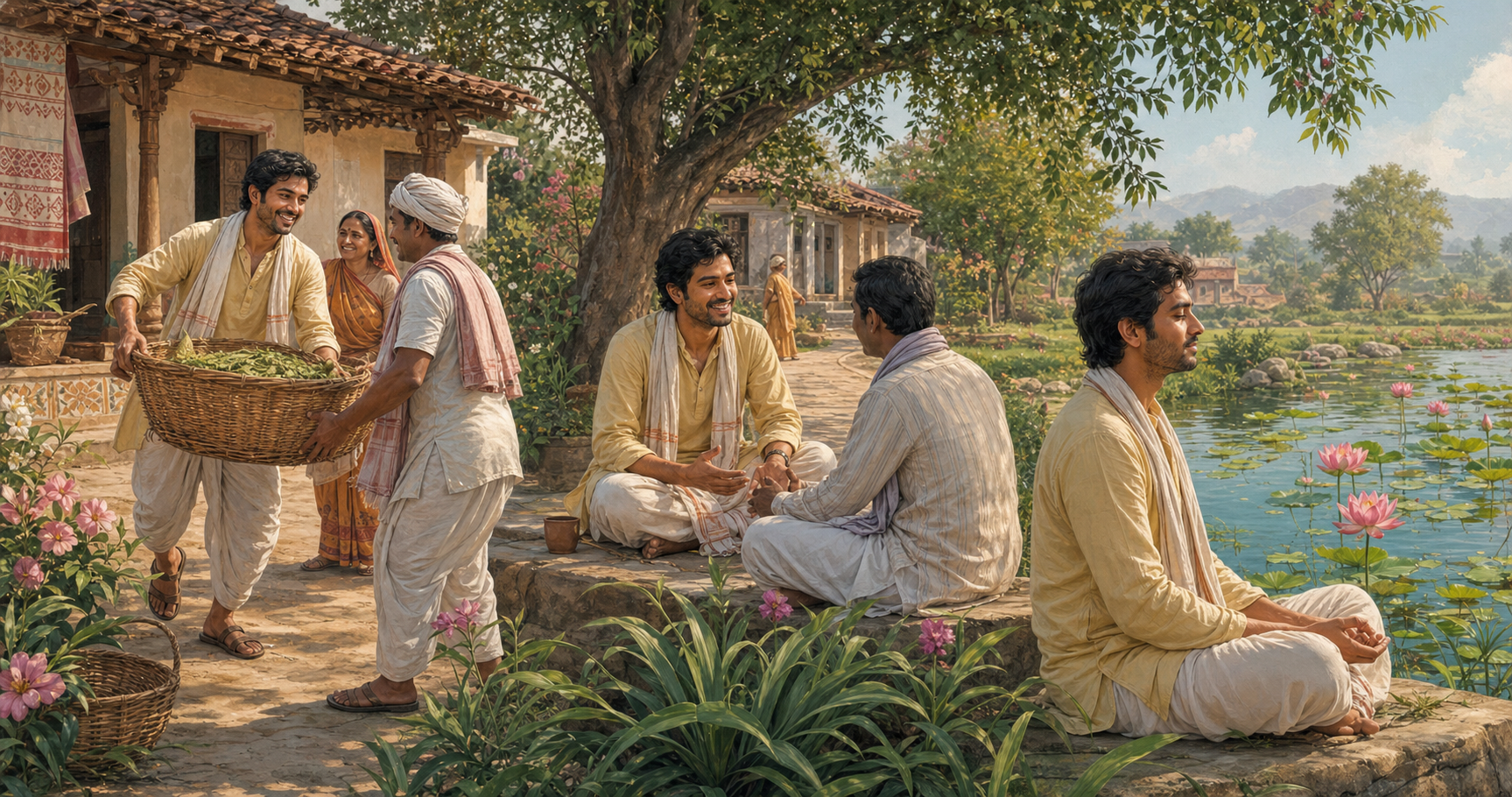 The same South Asian practitioner helps neighbors, smiles during a conversation and sits quietly beside a lotus pond.