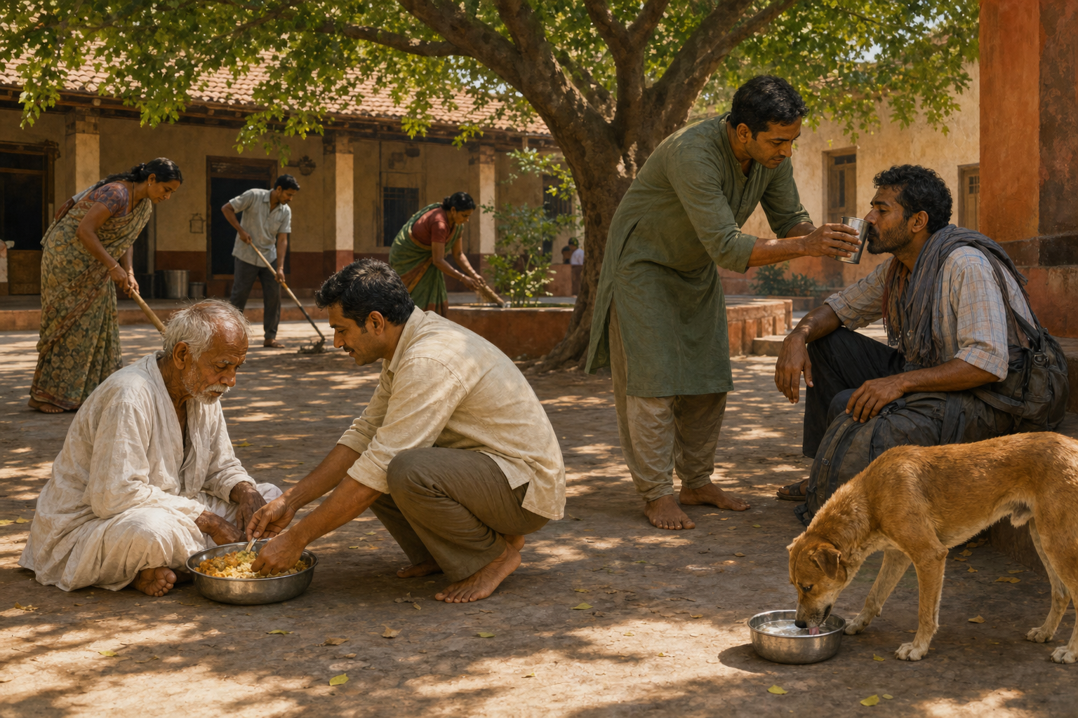 A South Asian adult serves food to an elder, gives water to a traveler and places a bowl near a street dog in a community courtyard.