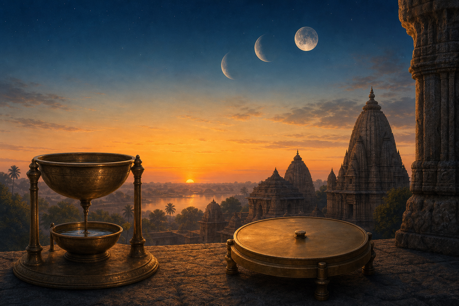 Sunrise over an Indian temple landscape with the moon, three lunar positions, a brass water clock and an astronomical instrument.