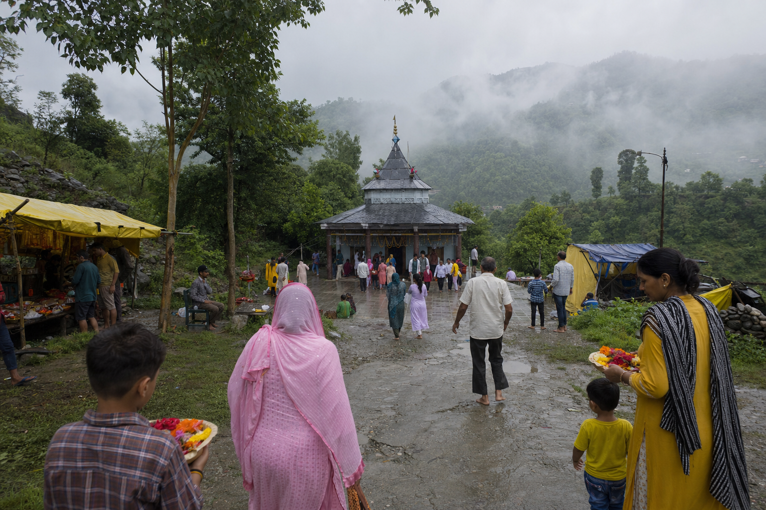 Pilgrims walk toward a temple fair through the lush monsoon landscape near Nurpur, with small vendor stalls beside the path.