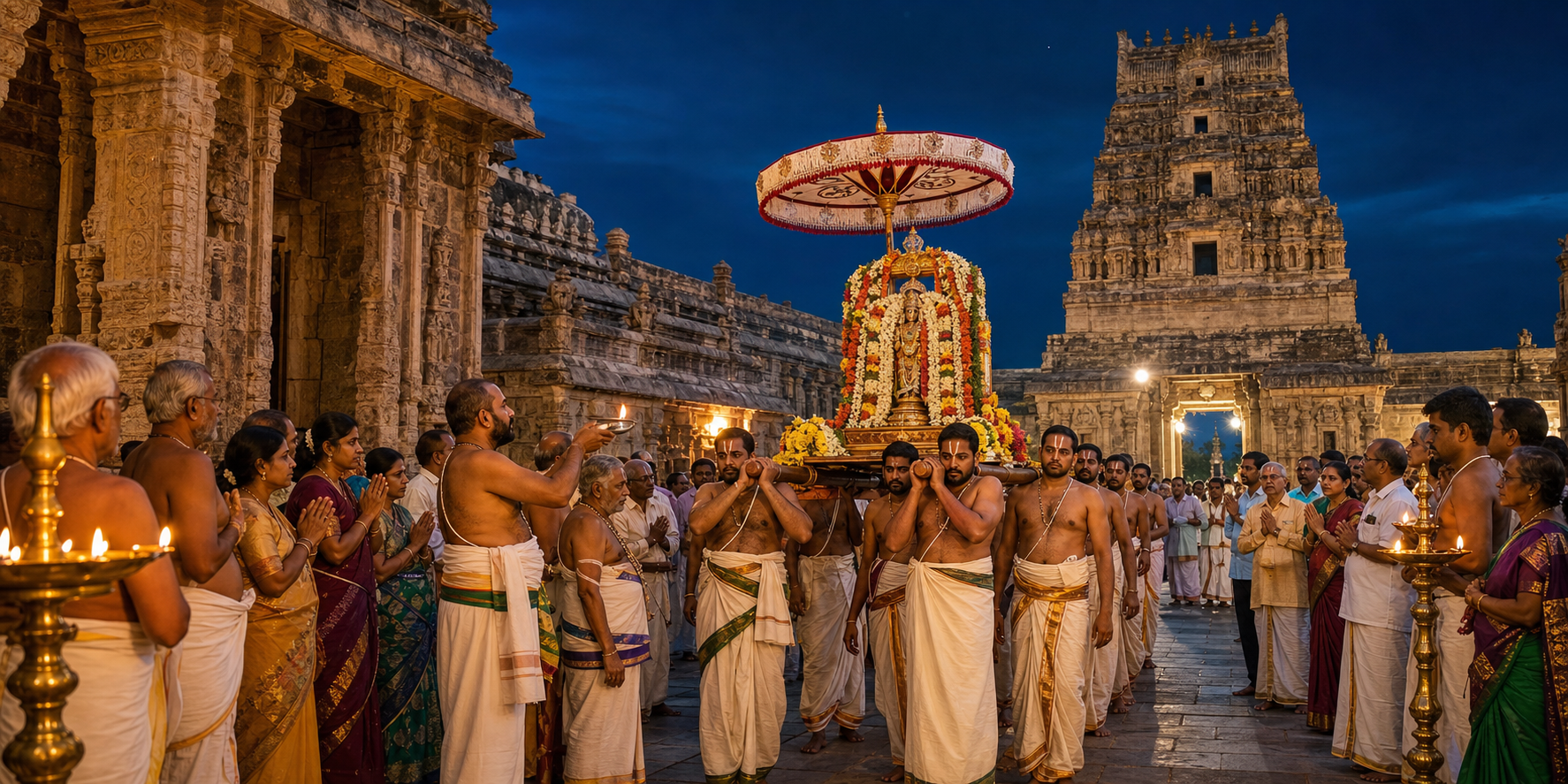 Illustration of devotees watching a flower-adorned temple procession in a lamp-lit South Indian temple courtyard.