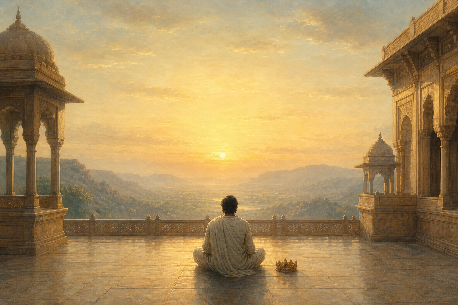 A robed seeker sits beside a resting crown on a palace terrace as the figure, landscape and dawn sky blend into a continuous field of light.