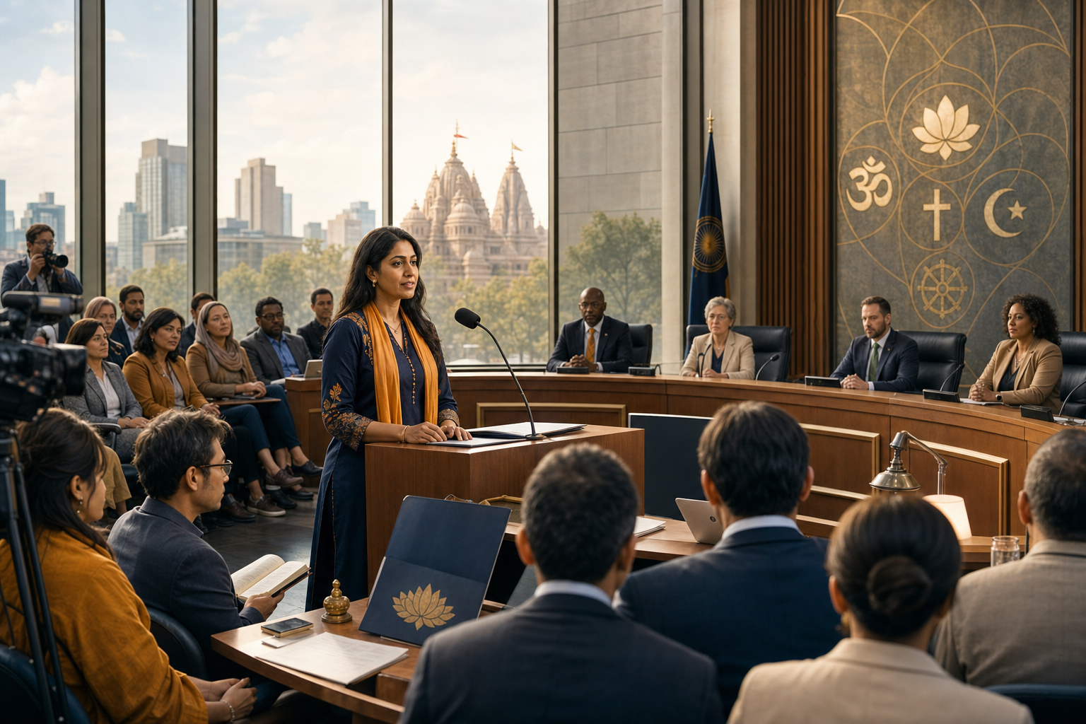 Hindu American community representative speaks at a city council hearing