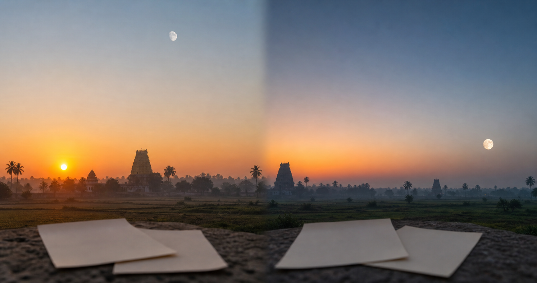 Two neighboring dawn scenes show different positions of the sun and moon beside blank calendar leaves.