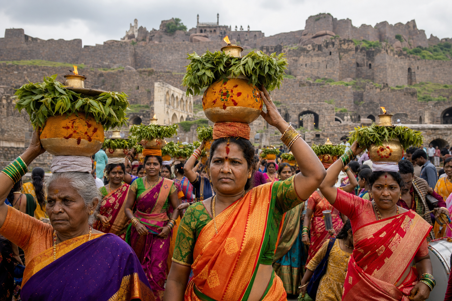 Women carrying decorated Bonam pots in a festival procession below the granite ramparts of Golkonda Fort.