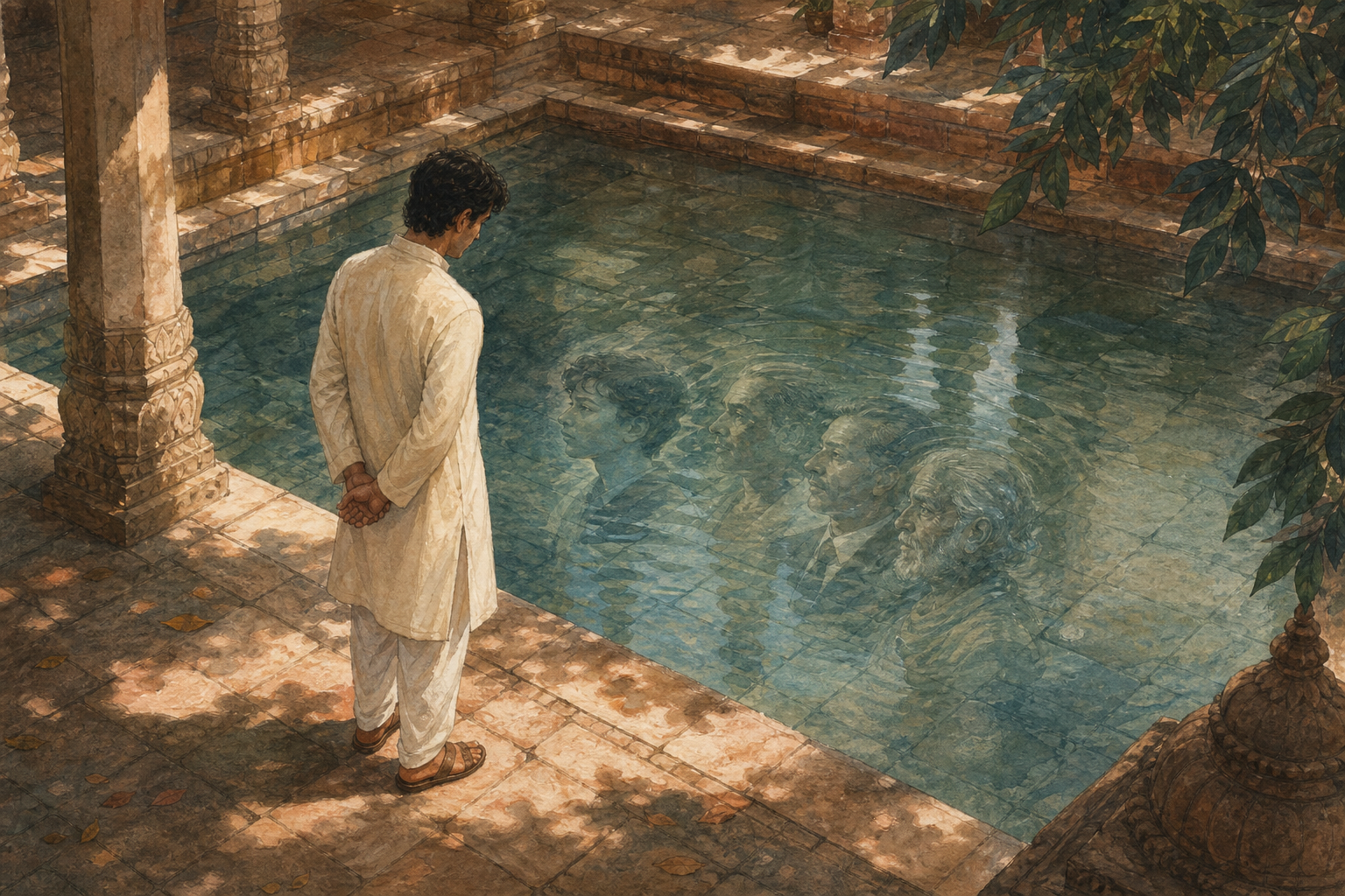 A person looks into a courtyard pool where ripples form several overlapping versions of the same reflected figure.