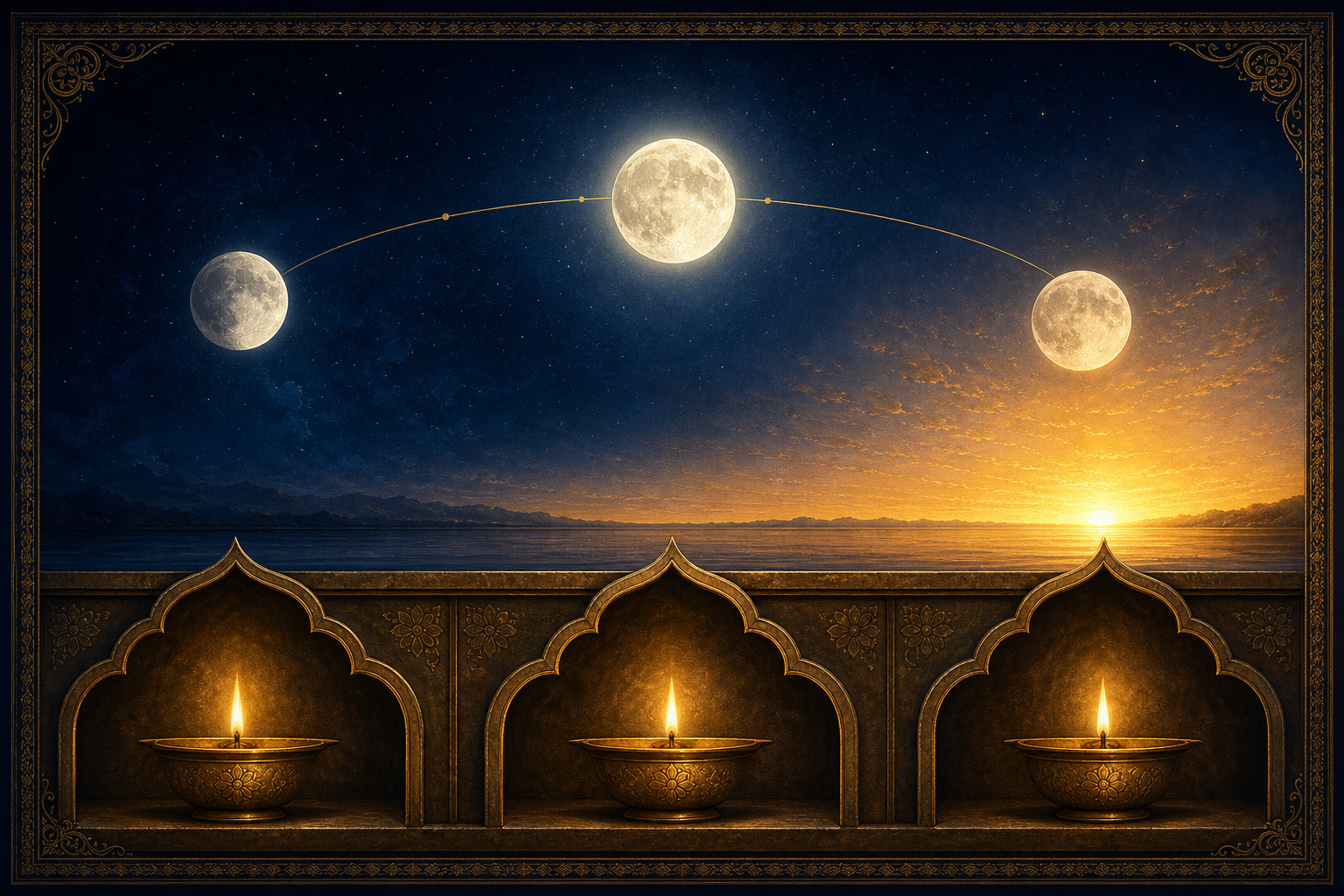 Three moon discs follow an orbital arc above a sunrise, with the central moon emphasized and three brass lamps below.