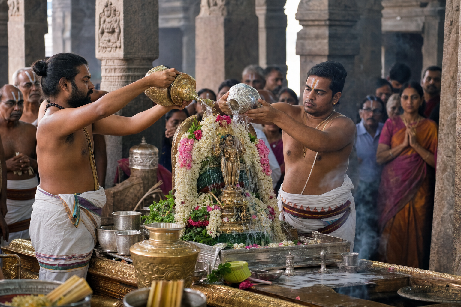 Priests performing a sacred bathing ceremony for a flower-decorated processional icon inside a stone temple hall.