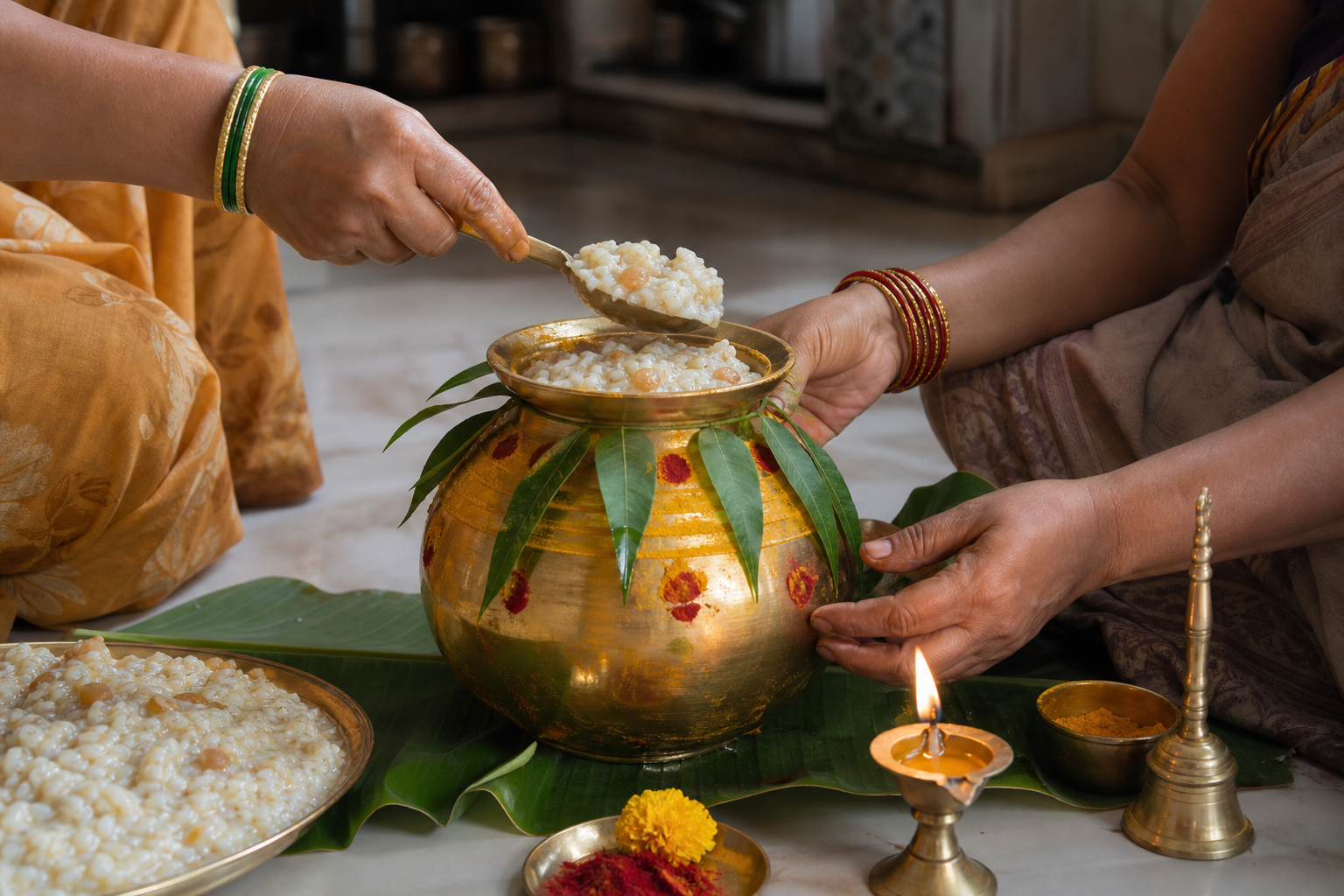 Family members prepare a rice offering in a brass pot decorated with turmeric, vermilion, neem leaves and an oil lamp.
