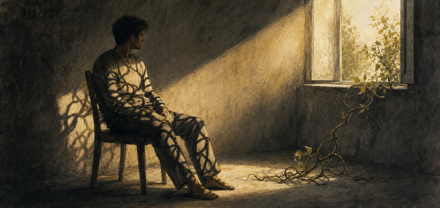 A seated person appears bound by the shadow of a loose vine while sunlight enters through an open window.