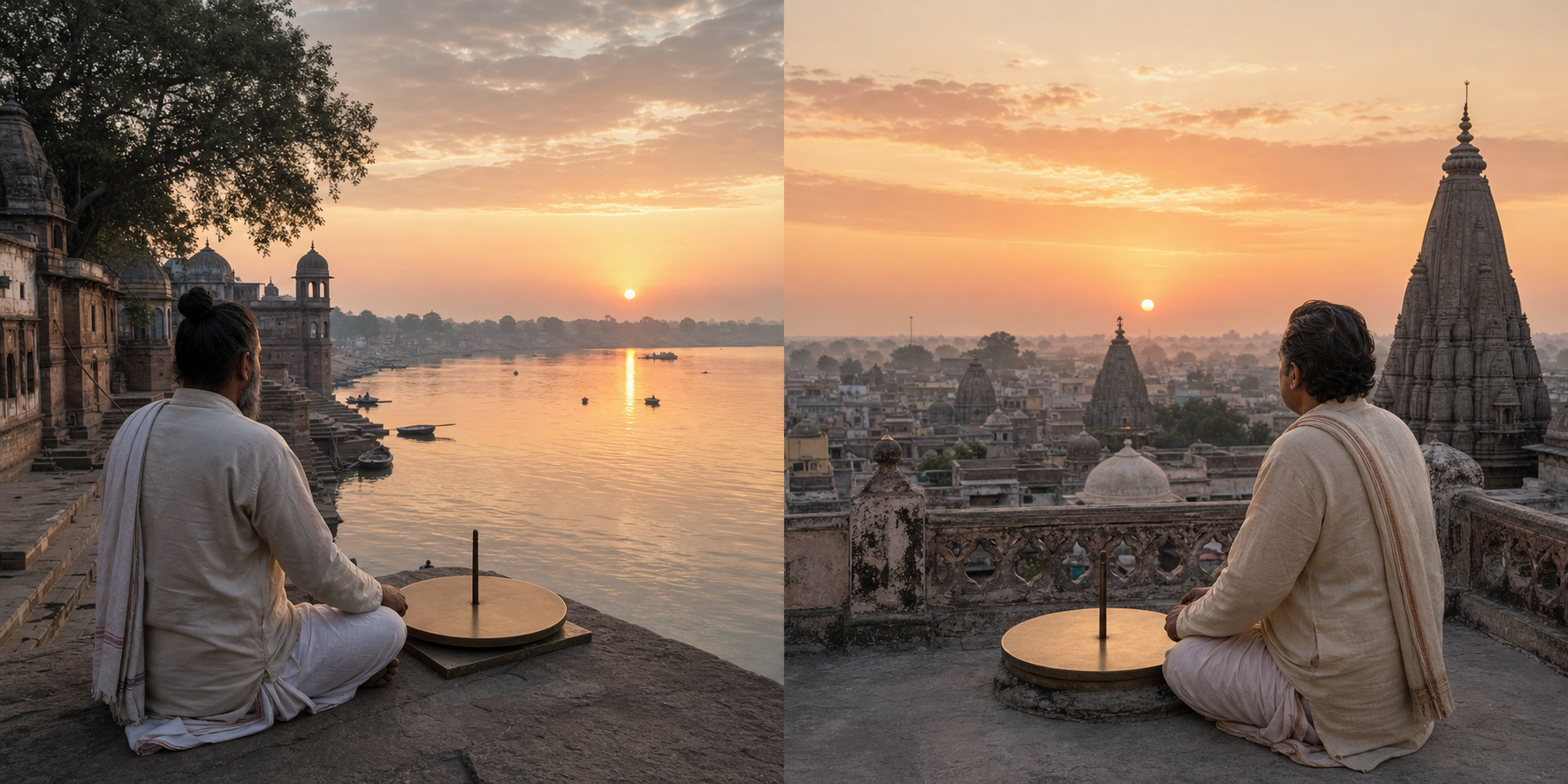 Two Panchang practitioners observe sunrise from a river ghat and a temple rooftop using traditional timing instruments.