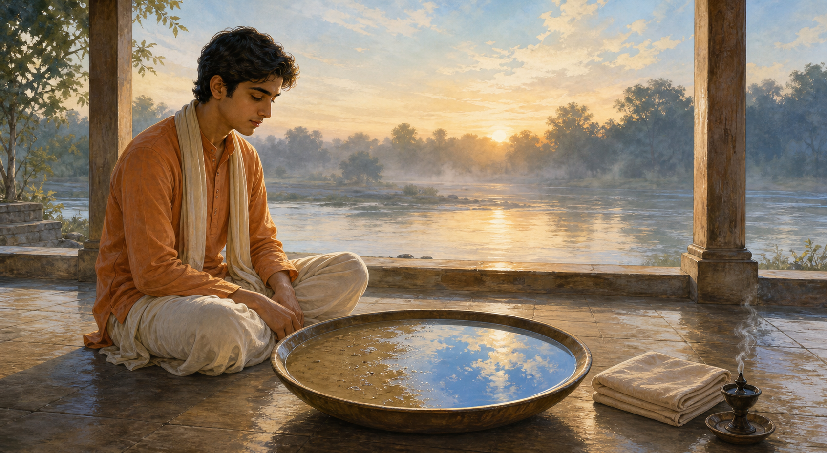 A student sits in a riverside pavilion beside a bowl of water settling from cloudy to clear at dawn.