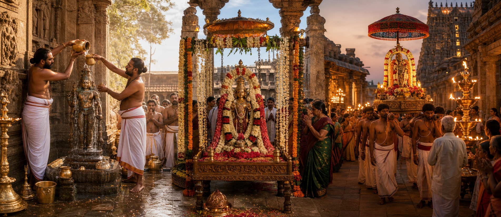Panoramic illustration showing sacred bathing, a ceremonial swing service, and an evening temple procession as three connected festival moments.