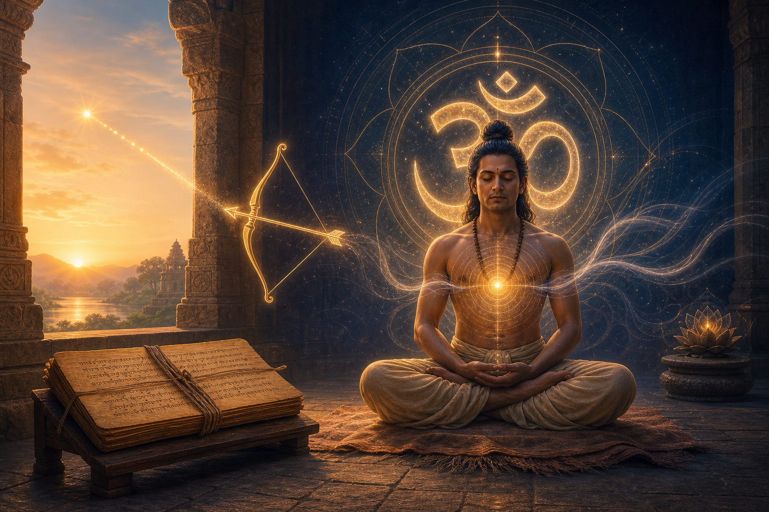 Yogic practitioner meditating before a glowing Om and bindu beside an ancient palm-leaf manuscript