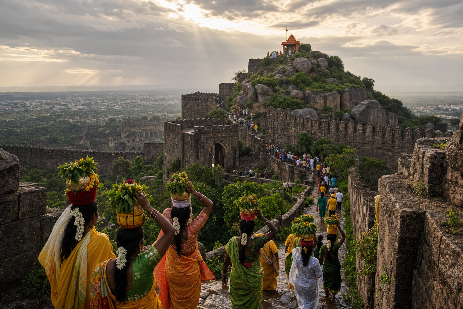 Pilgrims carrying decorated offering pots ascend a stone path through Golkonda Fort toward a hilltop shrine.