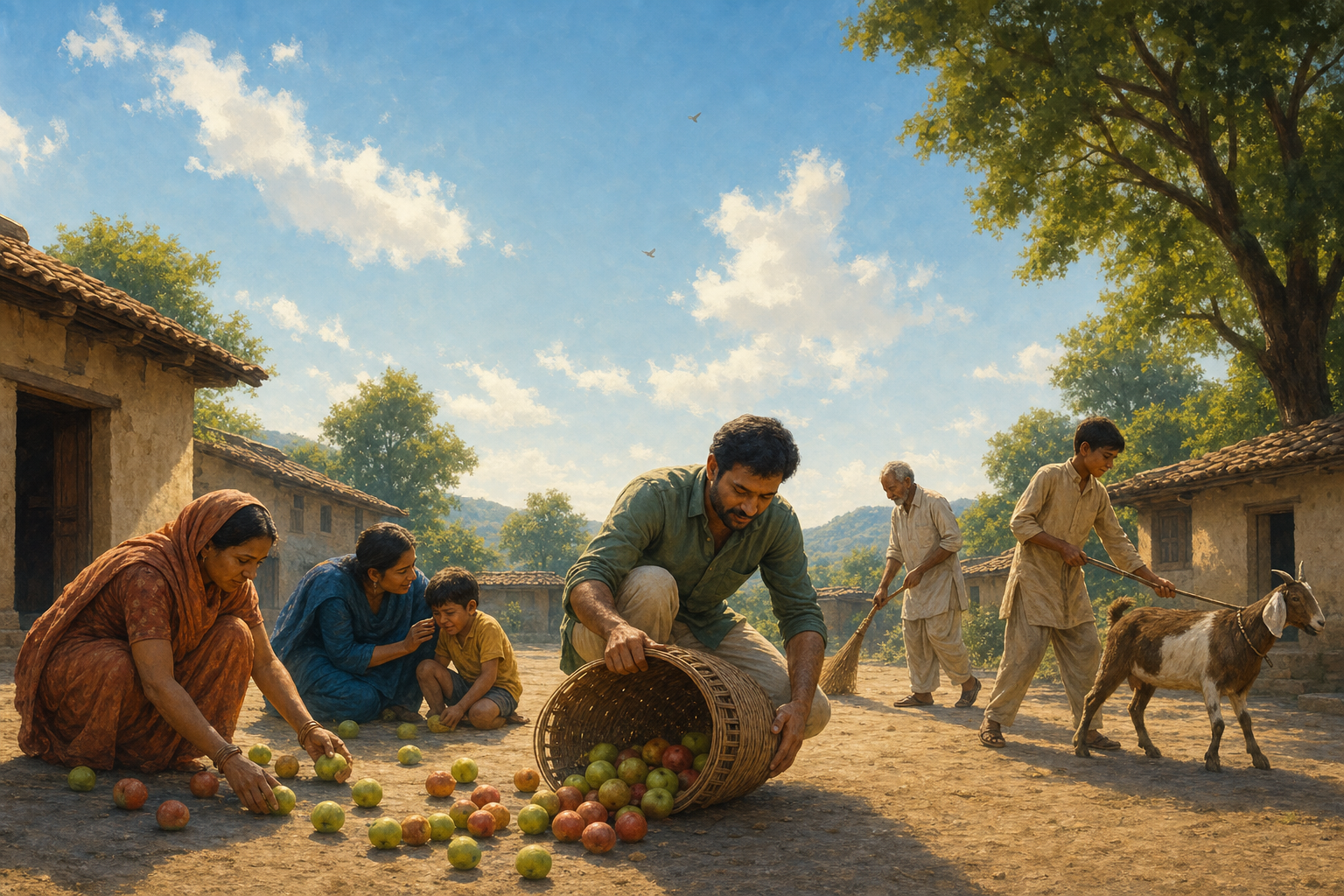 People cooperate in a village courtyard to gather spilled fruit, comfort a child and clear the path beneath an open sky.