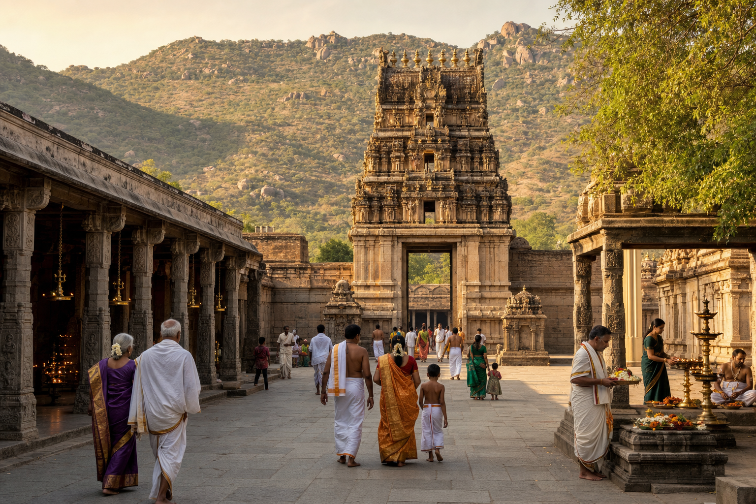 Pilgrims approaching a historic South Indian Vaishnava temple courtyard near the foothills in late-afternoon light.