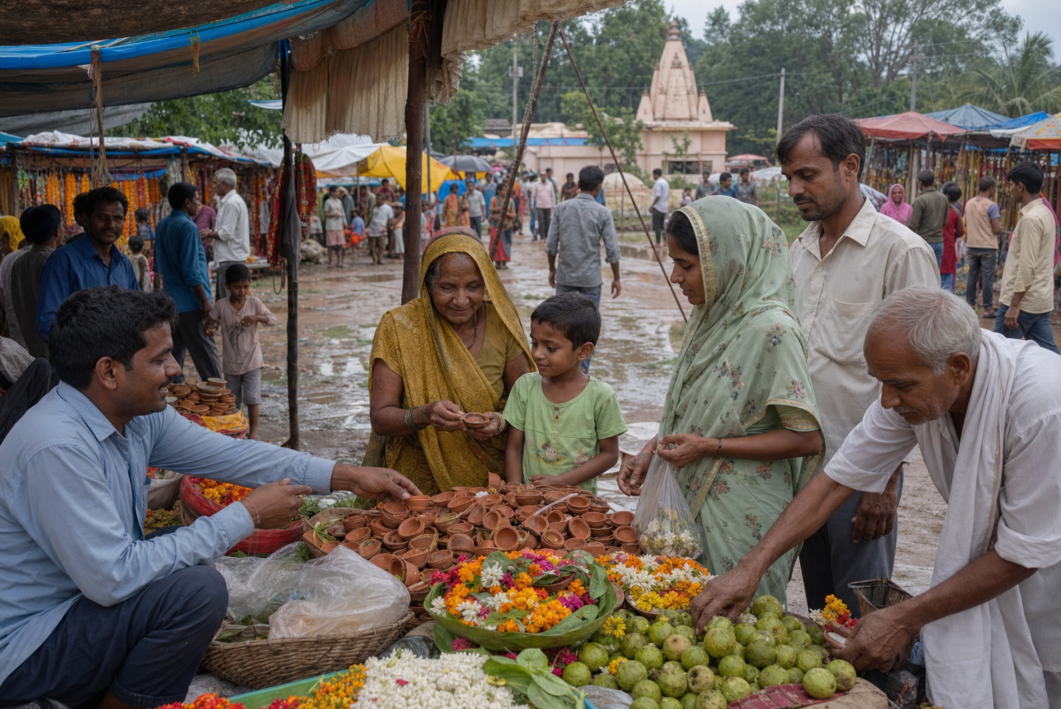 Families, vendors and artisans gather around offering and food stalls at a monsoon temple fair.