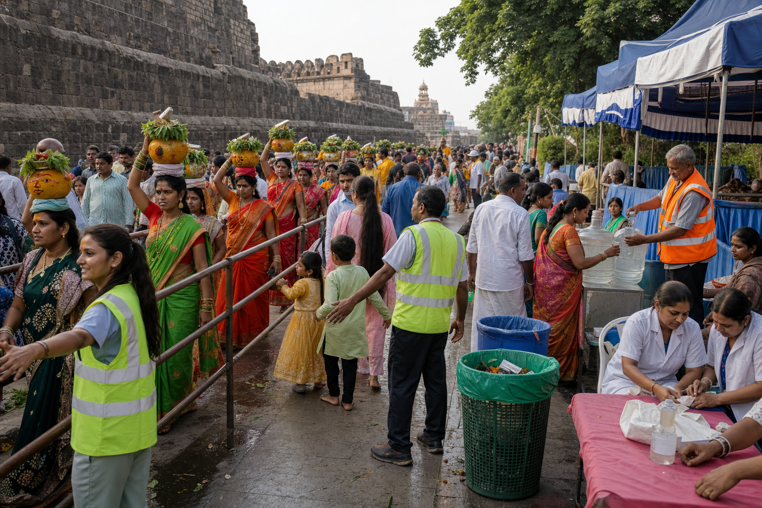 Volunteers and civic workers support an orderly Bonalu procession with shaded water, first aid and clean pedestrian lanes.