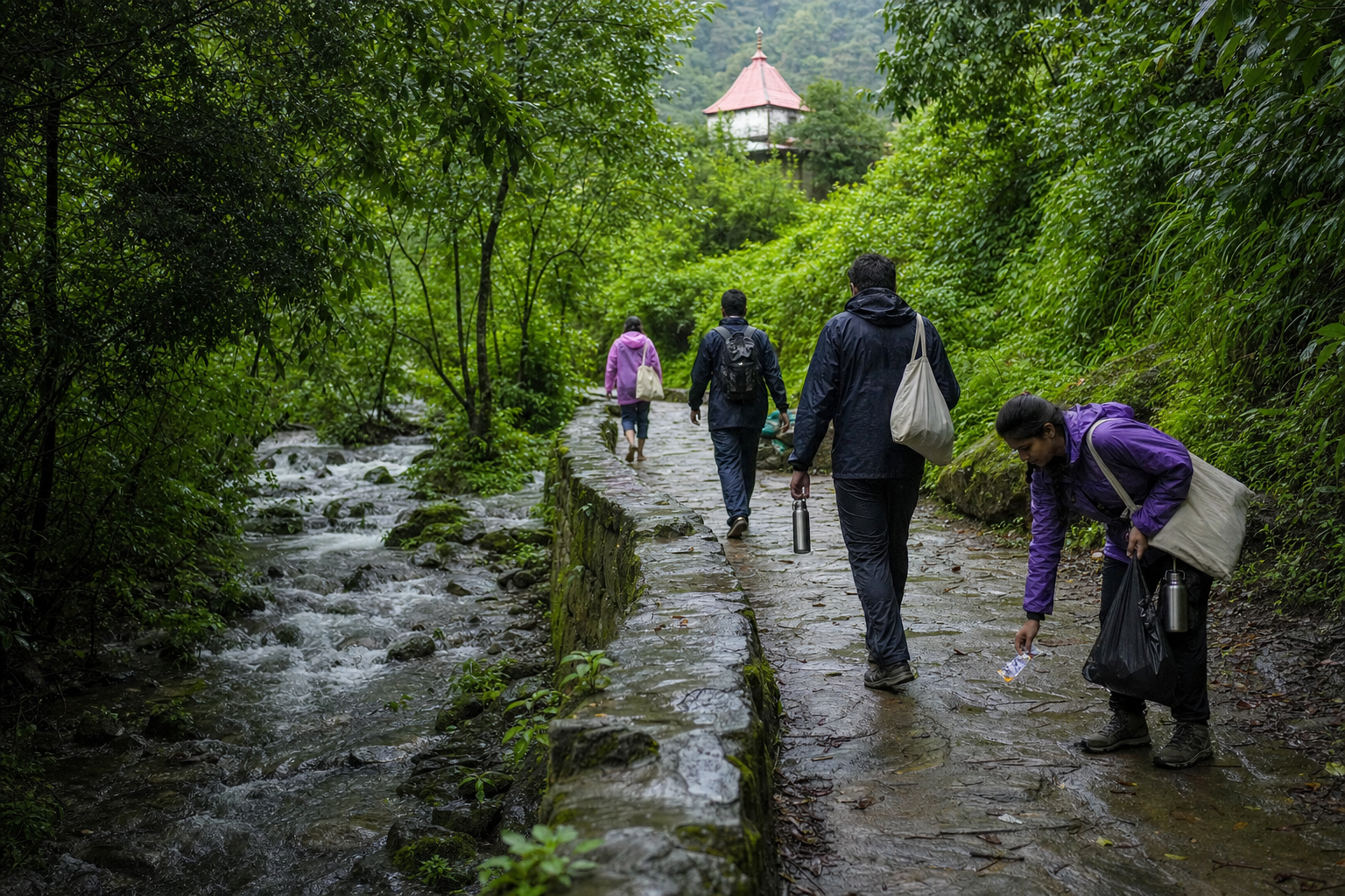 Visitors carrying reusable bottles and cloth bags keep a rain-washed temple path clean while approaching a distant shrine.