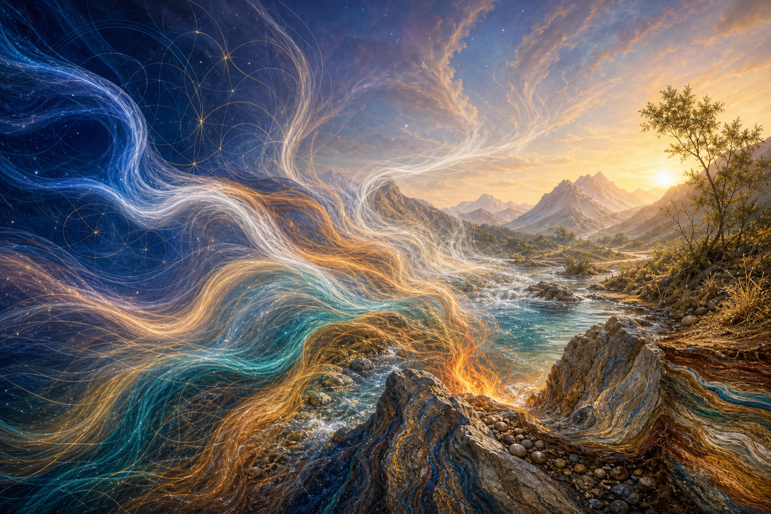 Five luminous elemental currents interweave and become a rocky river landscape beneath a dawn sky.