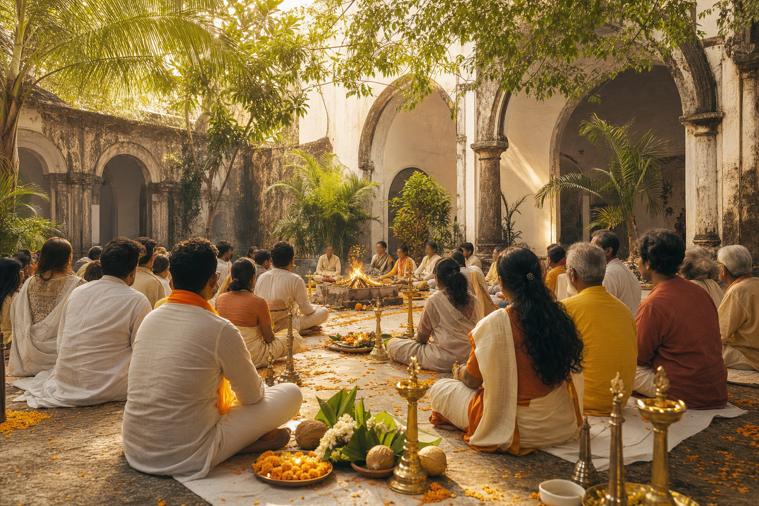 Indian adults seated around a ceremonial fire in an Old Goa-inspired heritage courtyard