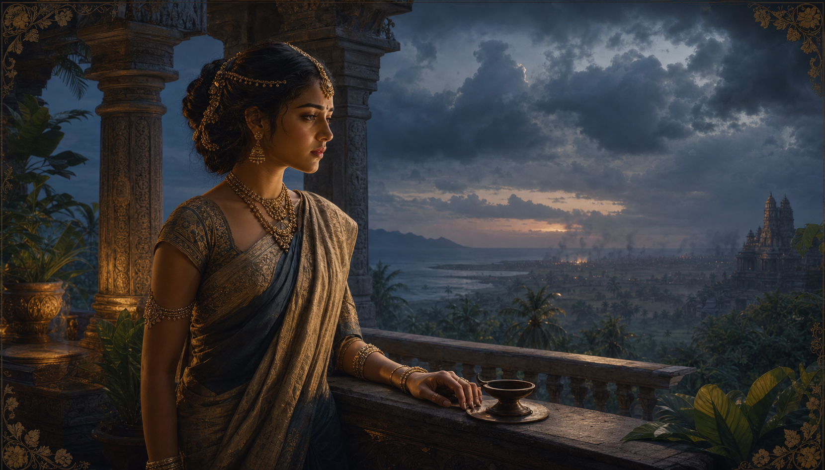 Sulochana stands thoughtfully on a palace terrace in Lanka at twilight, with an oil lamp beside her and storm clouds over a distant battlefield.