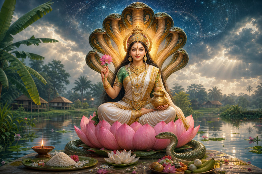 Jagadgauri Manasa seated on a pink lotus with cobra canopy over a monsoon pond